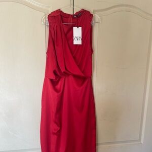 ZARA Red Sleeveless Draped Maxi Dress Women’s Stretch Evening Size Large